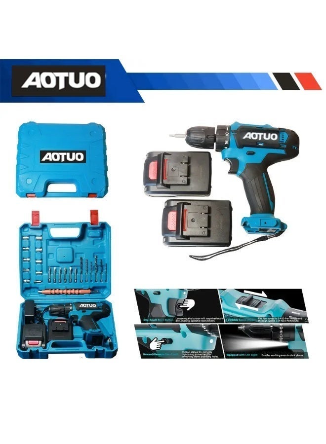 AOTUO 48V cordless drill, two lithium-ion batteries and fast charger, 3/8-inch drill kit, 25+ 3-position clutch, LED work light, variable speed drill, 256 pounds of torque, 24 accessories - Image 5